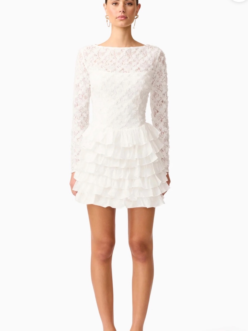 Elliatt White Lace Long-Sleeve Ruffled Mini Dress